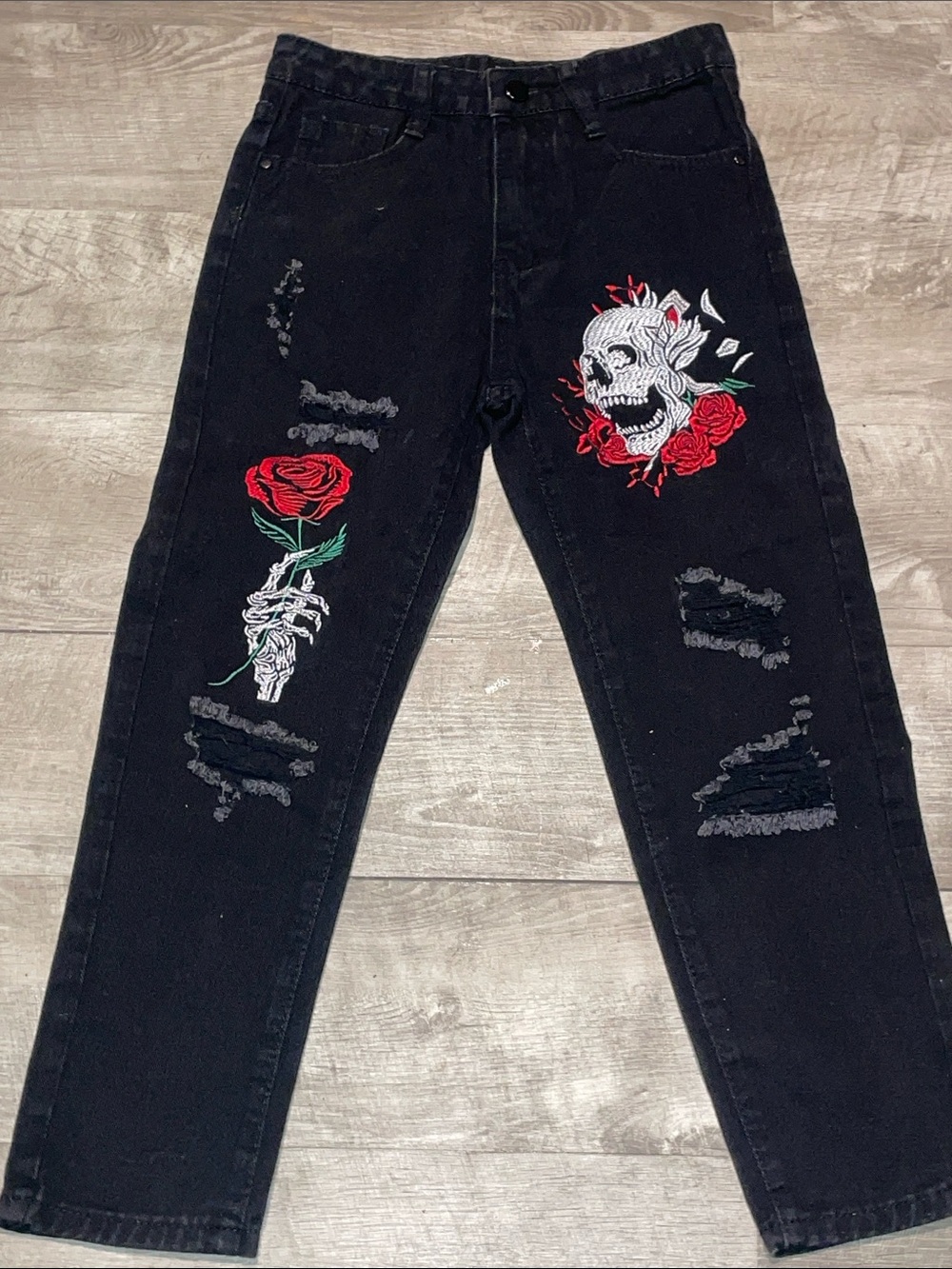 SHEIN Black Distressed Jeans with Red Rose & White Skull Embroidery